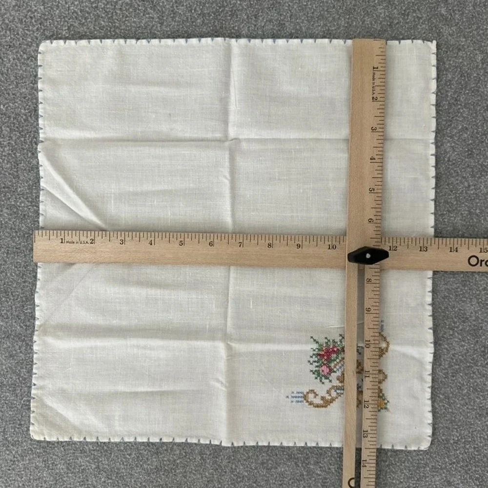 Vintage Embroidered Linen Napkins Set Floral Cross‎ Stitch Trim 12
